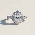 Luxury moissanite ring with halo setting close-up