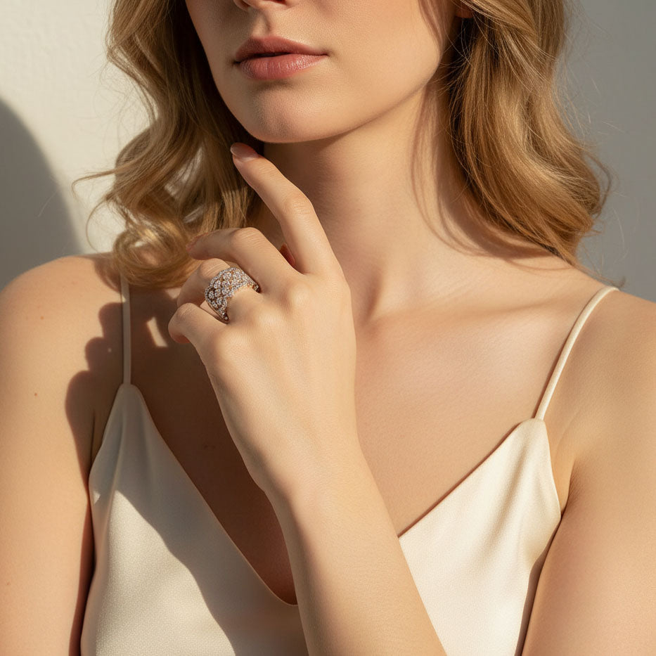 Wide moissanite ring worn on hand, modern luxury style