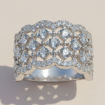 Close up of moissanite band ring with round brilliant stones