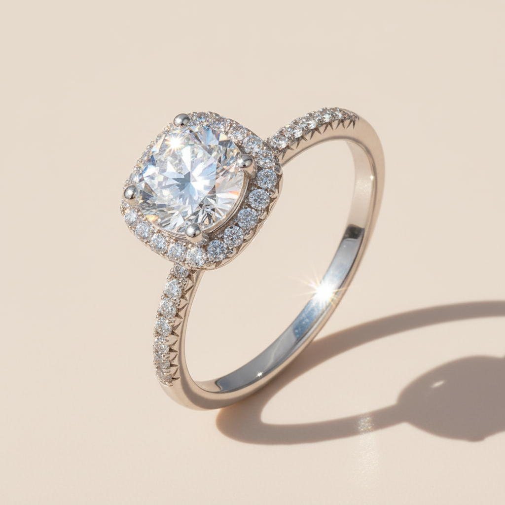 Close-up of 1ct moissanite halo ring showing pavé setting and sparkle