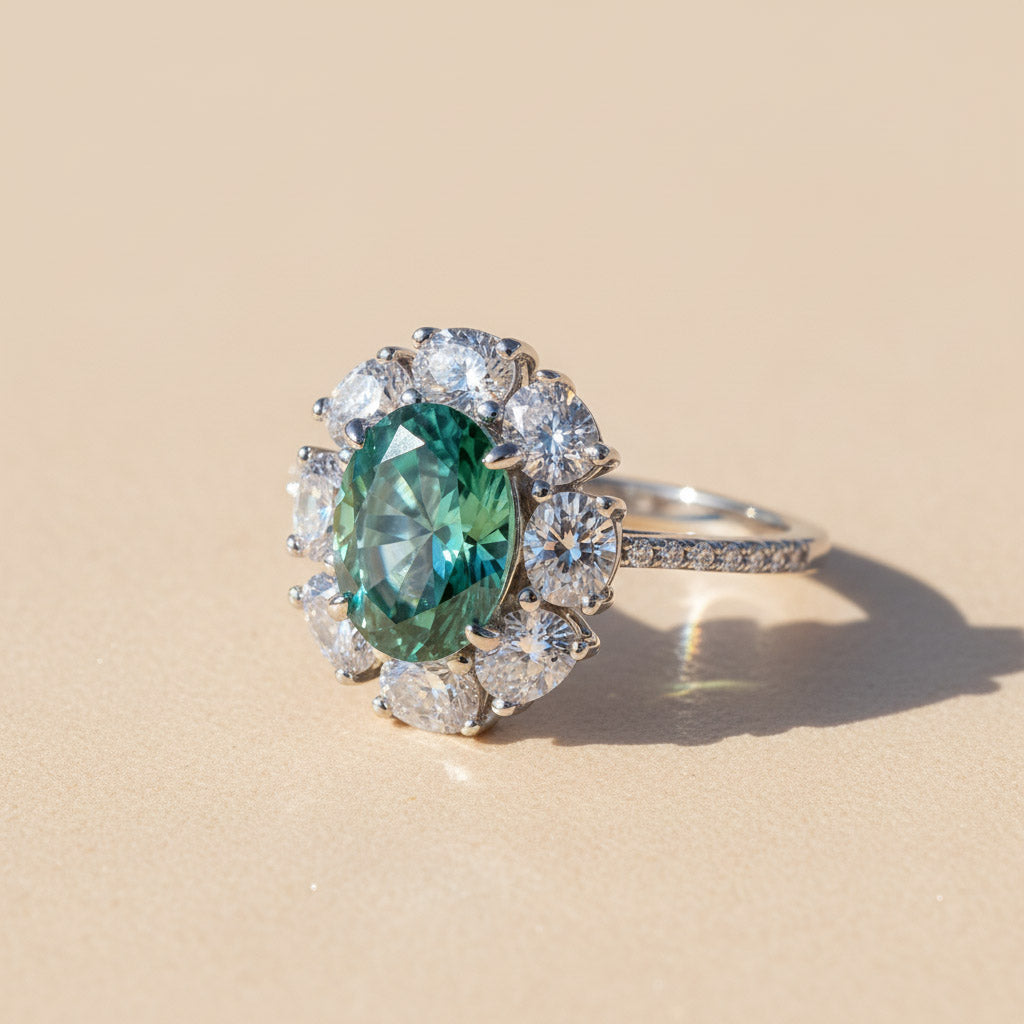 Close-up of oval halo moissanite ring in platinum plated sterling silver setting