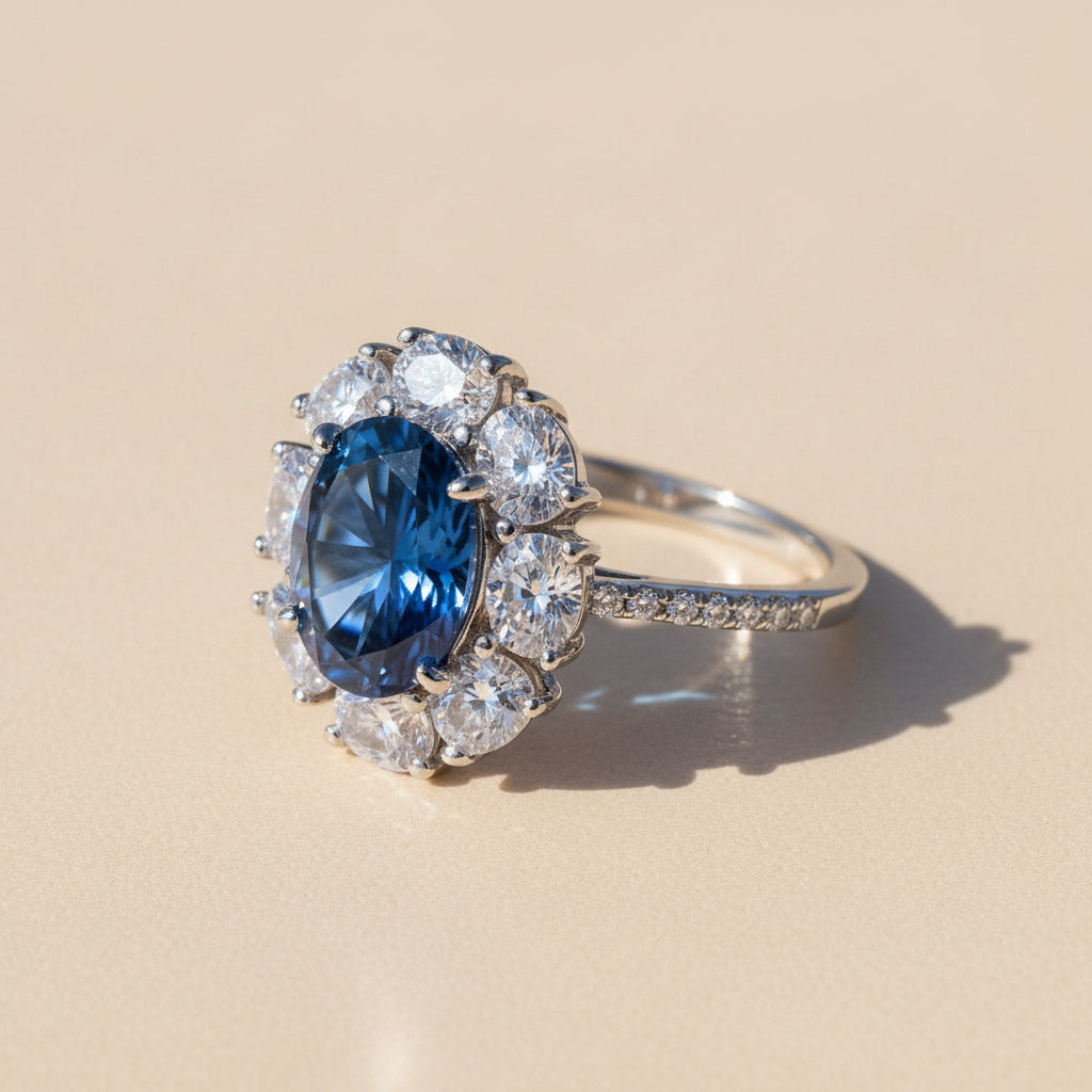 Side angle of sapphire blue oval ring with moissanite halo, platinum plated sterling silver band