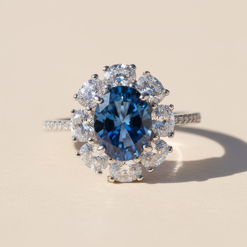 Oval sapphire blue gemstone ring with pavé band in platinum plated sterling silver