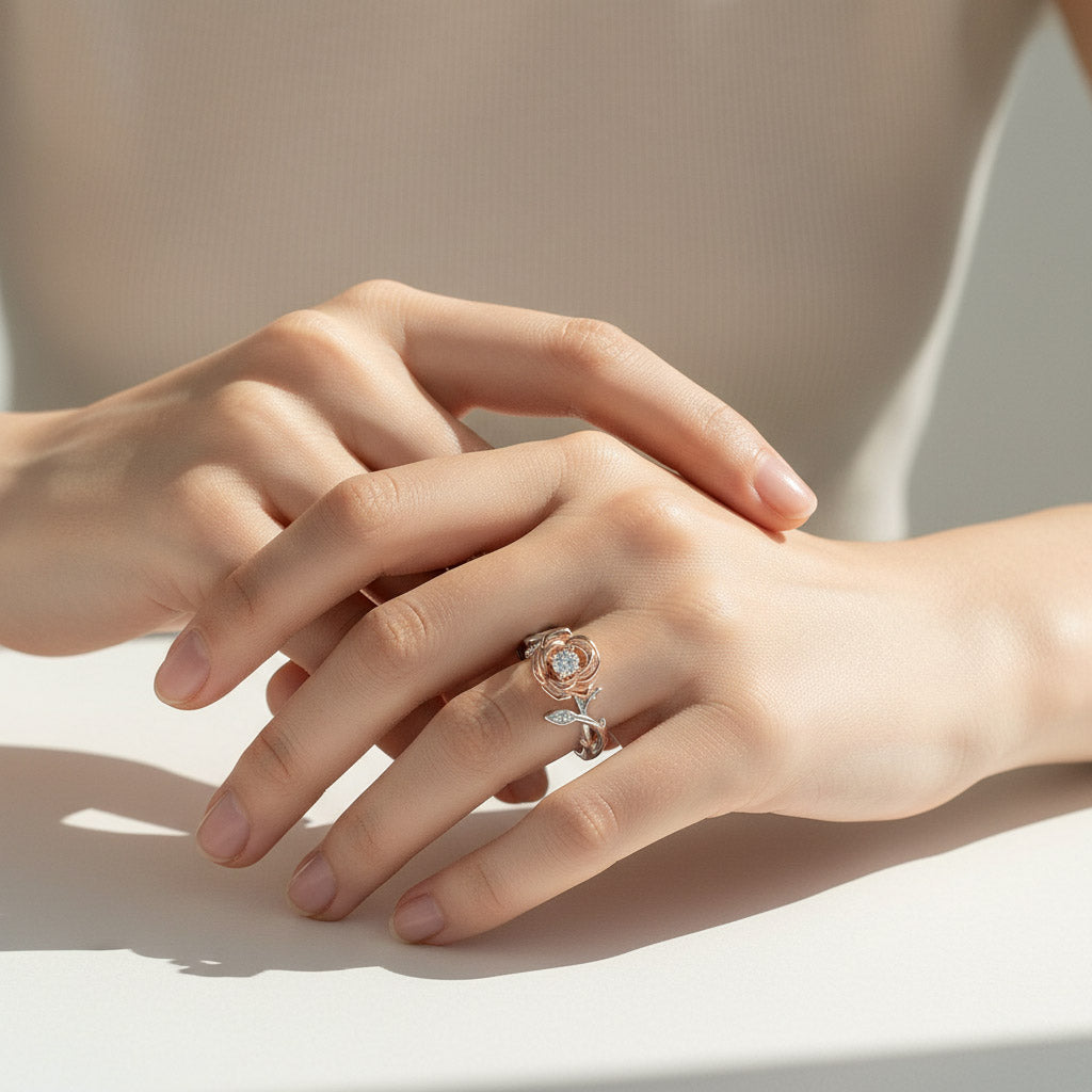 0.1ct moissanite rose flower ring worn on hand in platinum and rose gold plated silver