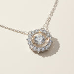 Front view of platinum-plated moissanite halo necklace