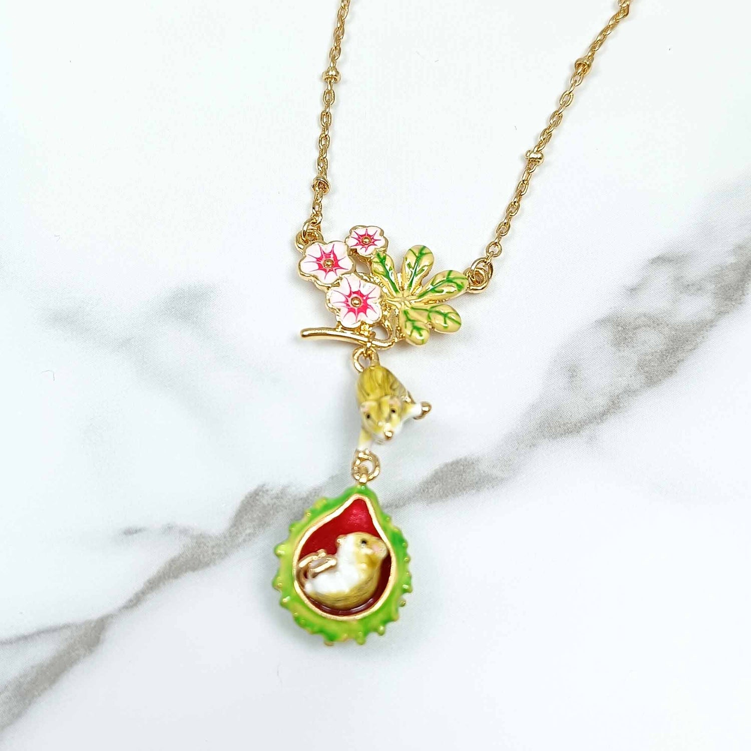 Handpainted Enamel Conker Mouse Pendant Necklace