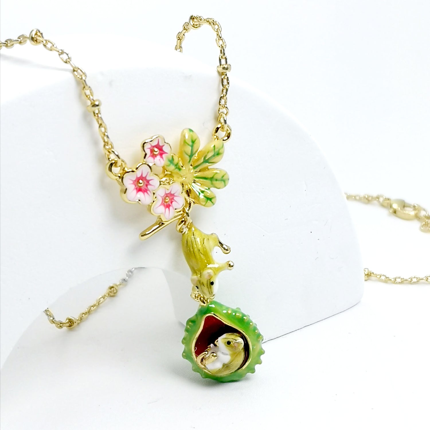 Handpainted Enamel Conker Mouse Pendant Necklace