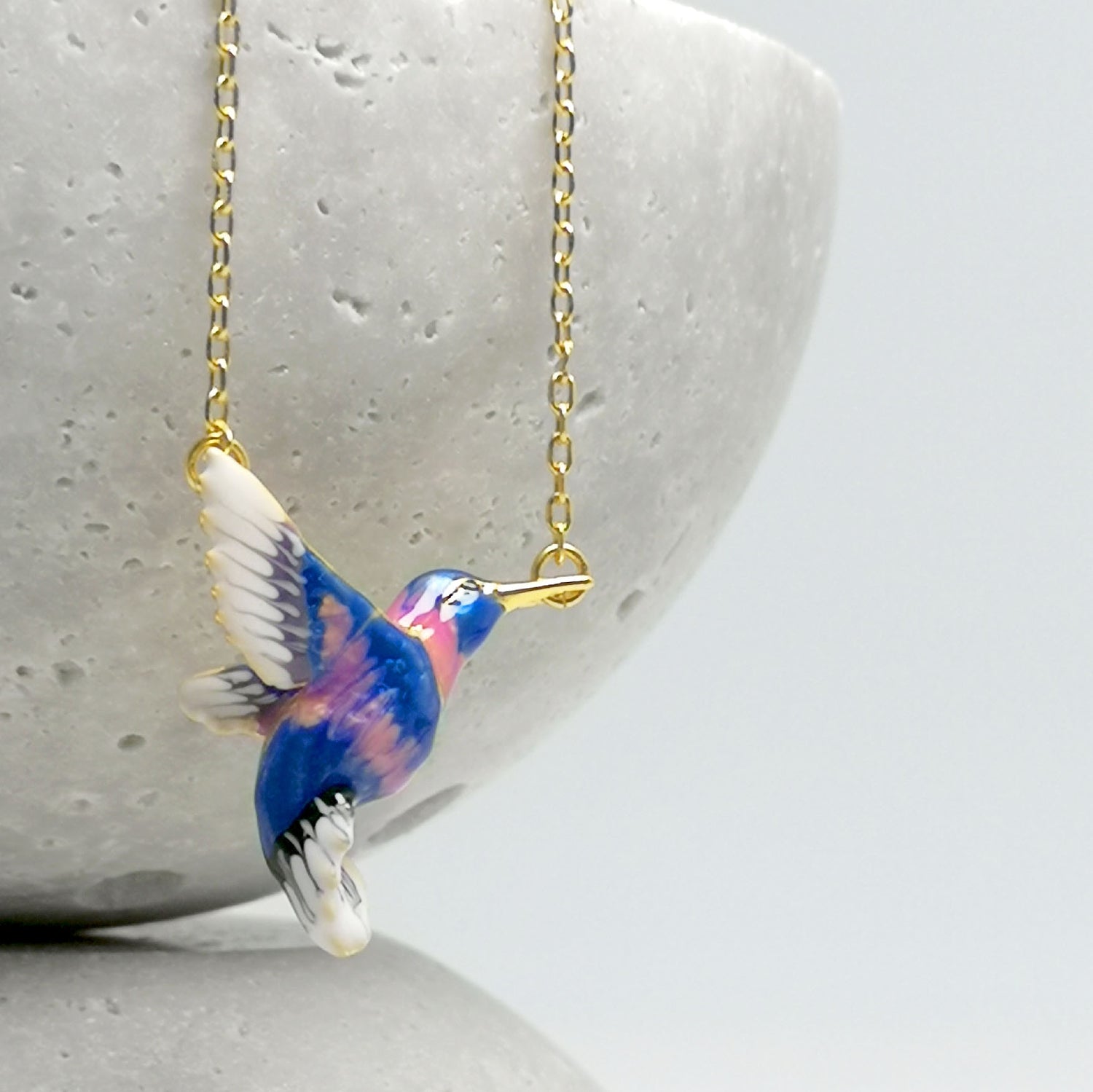 Handpainted Enamel Hummingbird Pendant Necklace