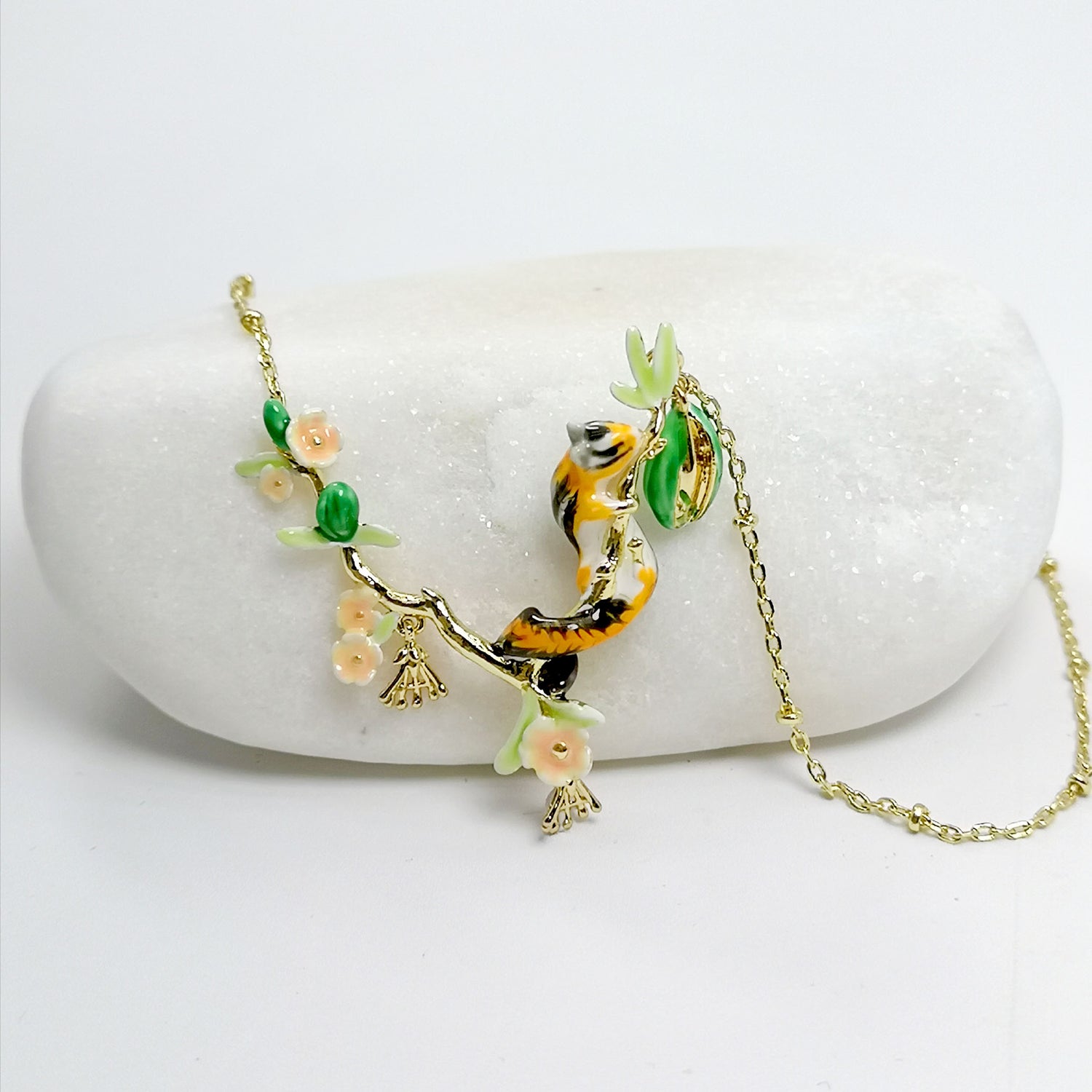 Handpainted Enamel Squirrel Flower Necklace