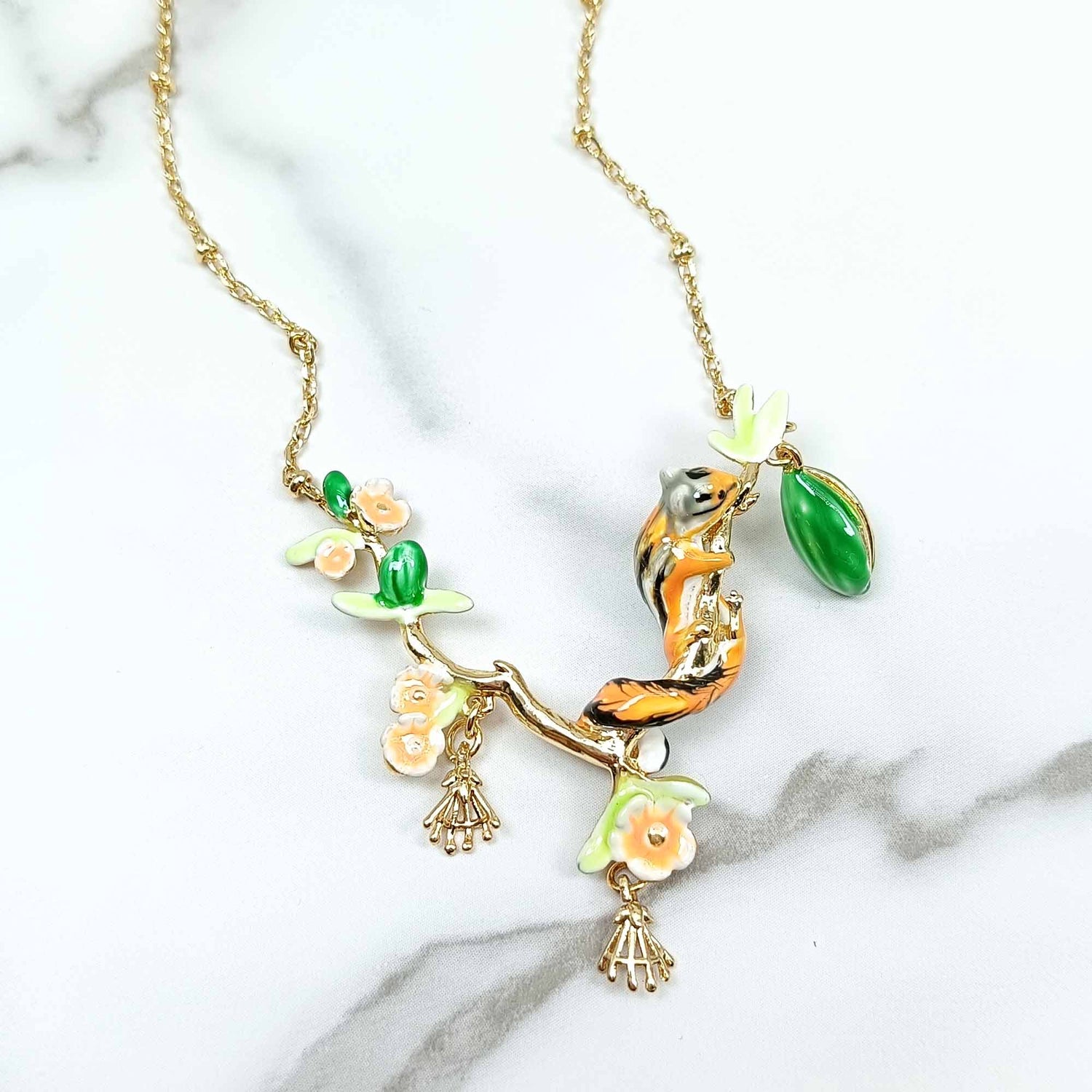 Handpainted Enamel Squirrel Flower Necklace