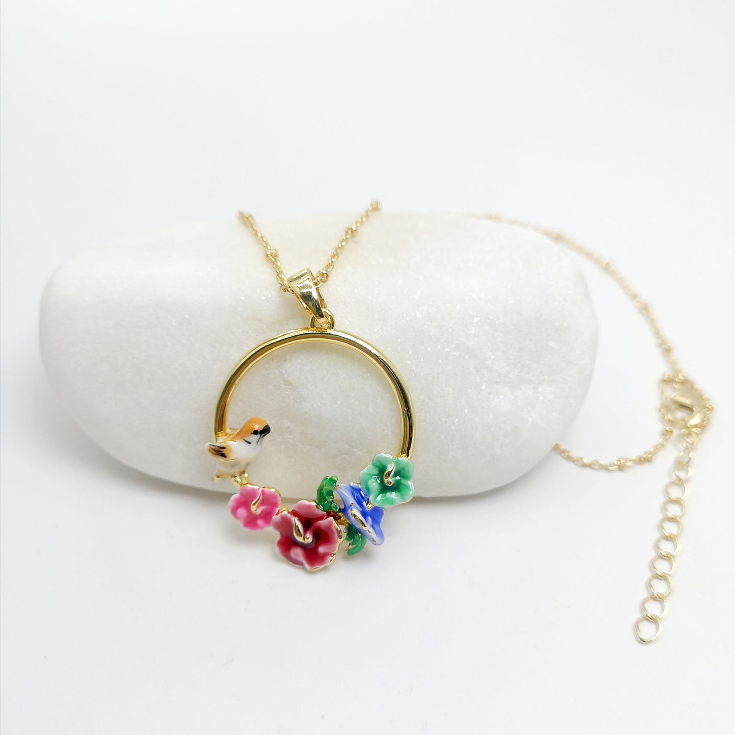 Handpainted Enamel Robin Bird Pendant Necklace