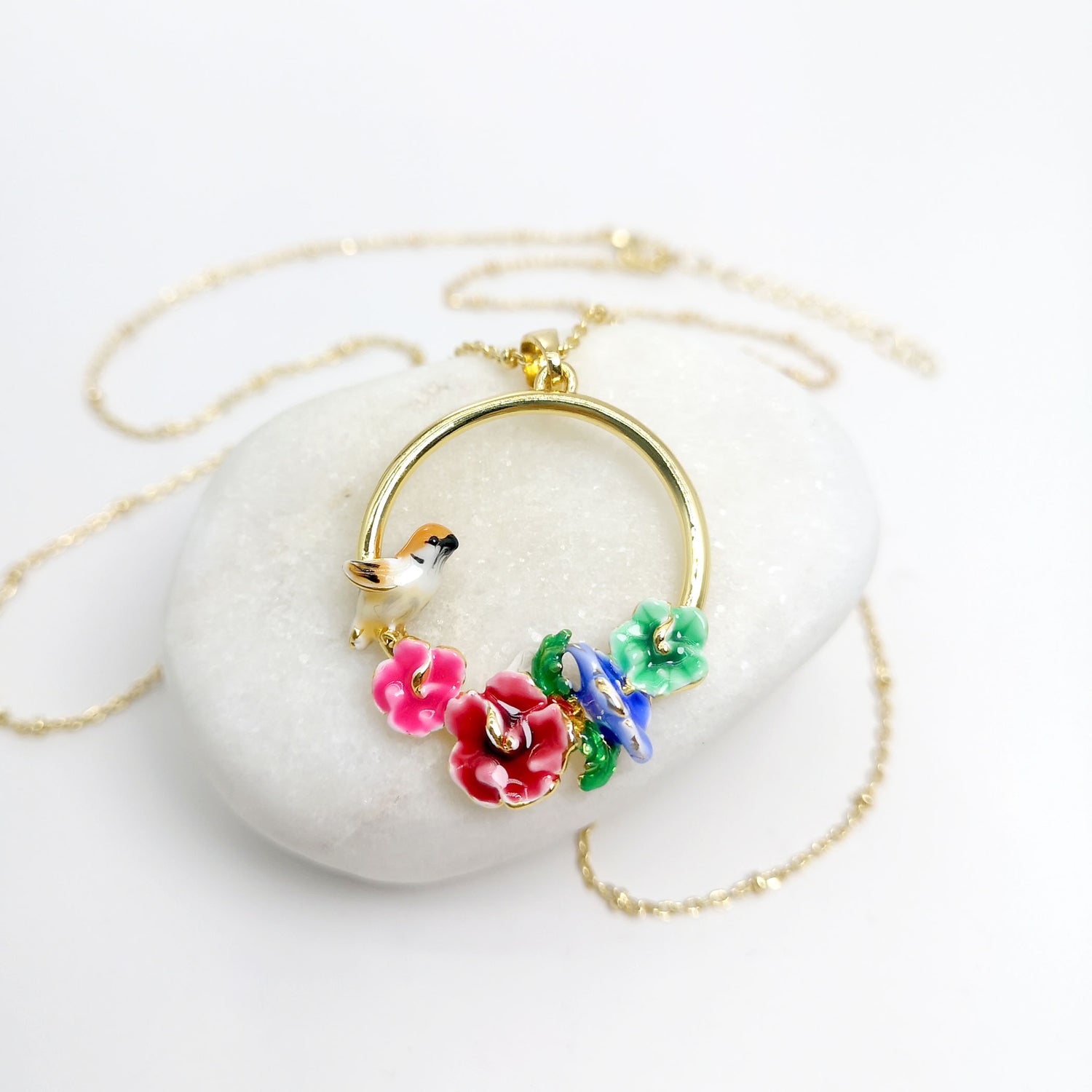 Handpainted Enamel Robin Bird Pendant Necklace