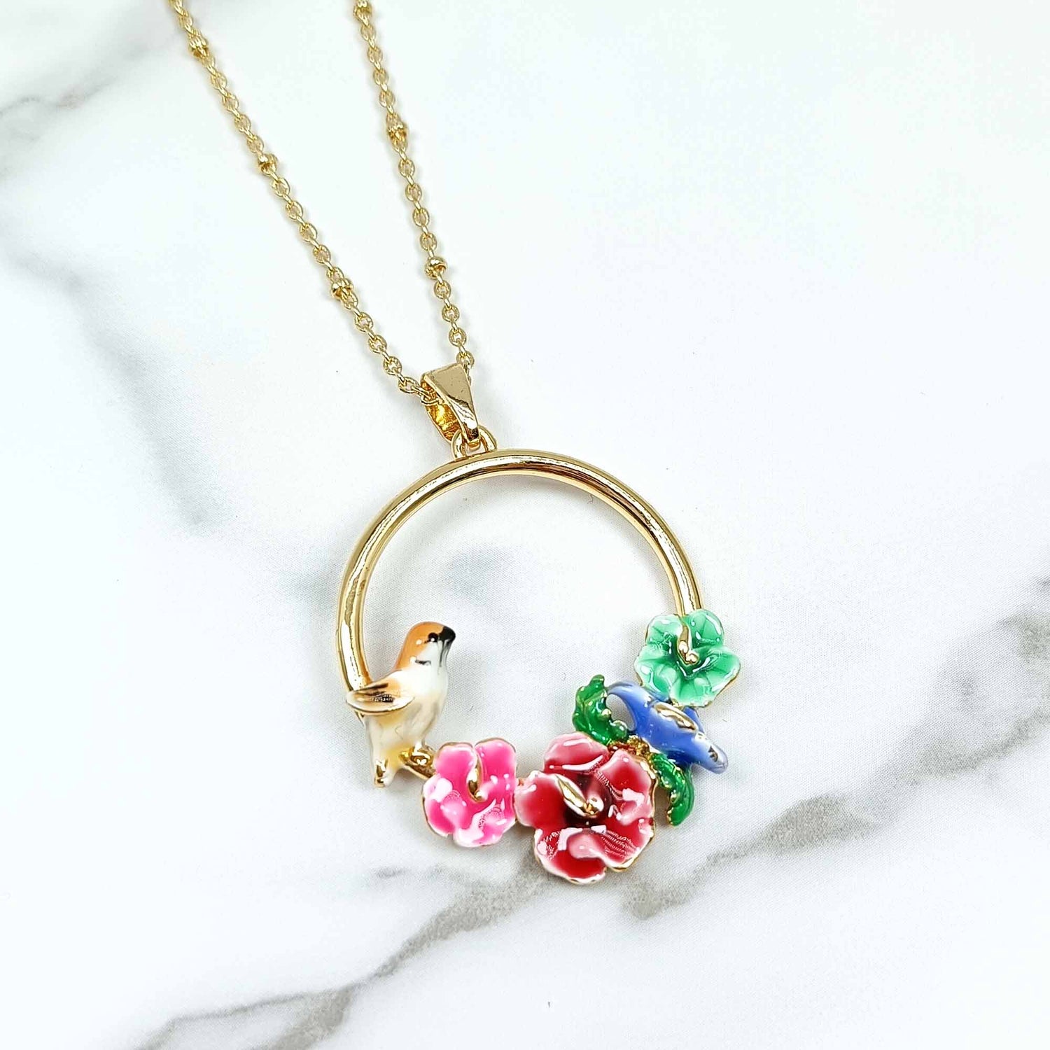 Handpainted Enamel Robin Bird Pendant Necklace