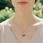 Necklace with colorful pendant worn by a person outdoors