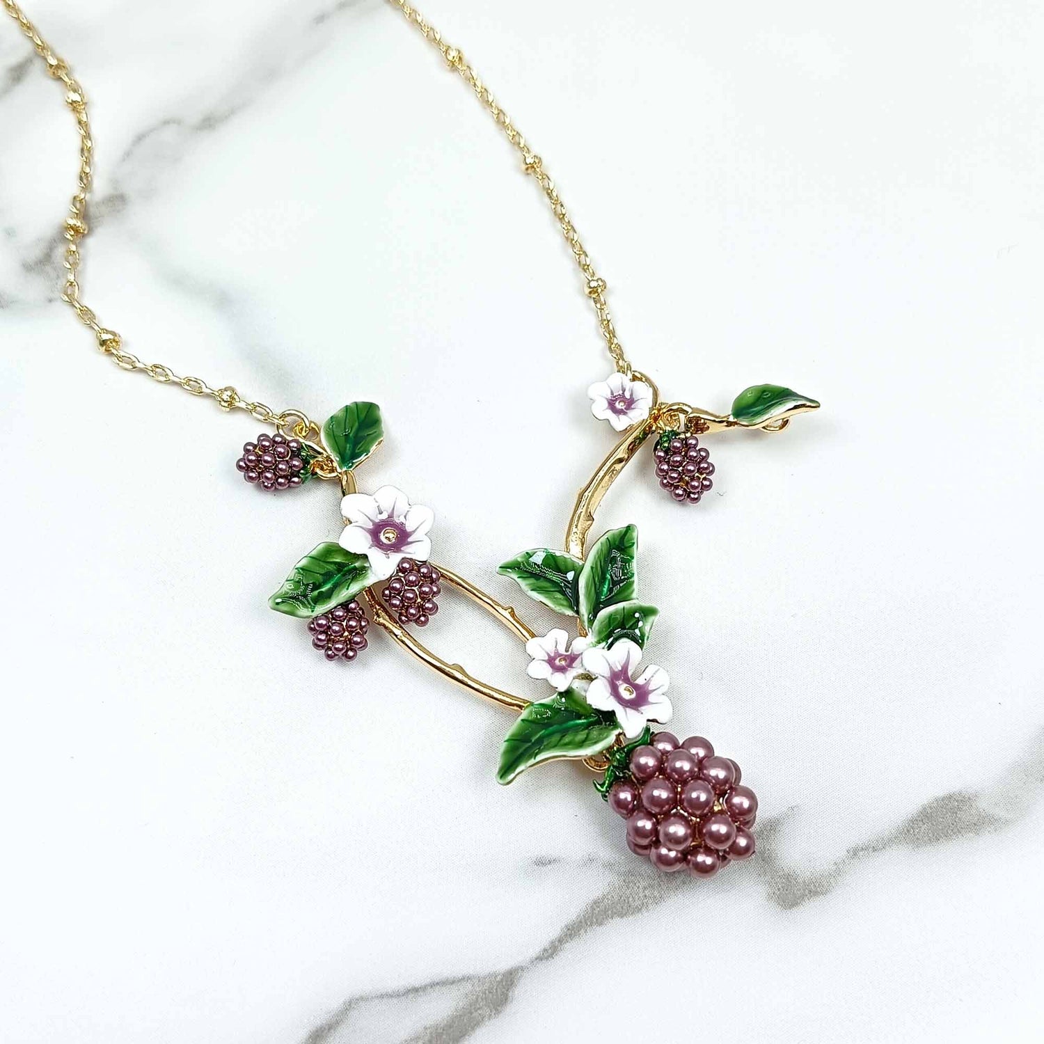 Handpainted Enamel Pearl Blackberry and Flower Necklace