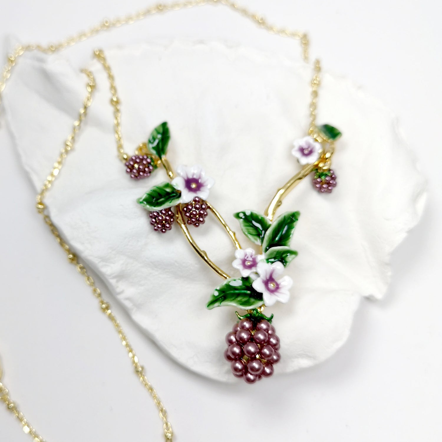 Handpainted Enamel Pearl Blackberry and Flower Necklace