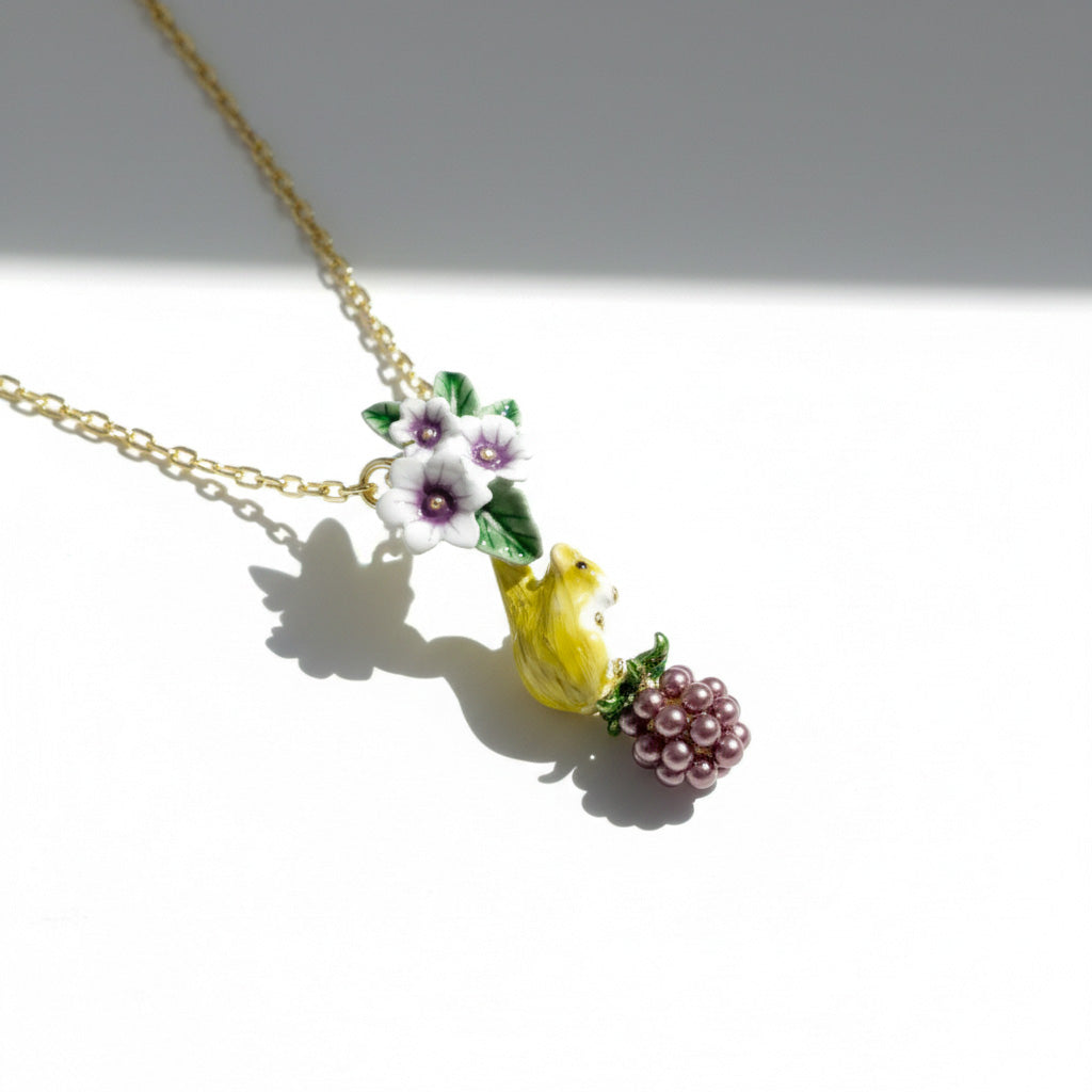 Necklace with a yellow mouse and floral pendant on a white background