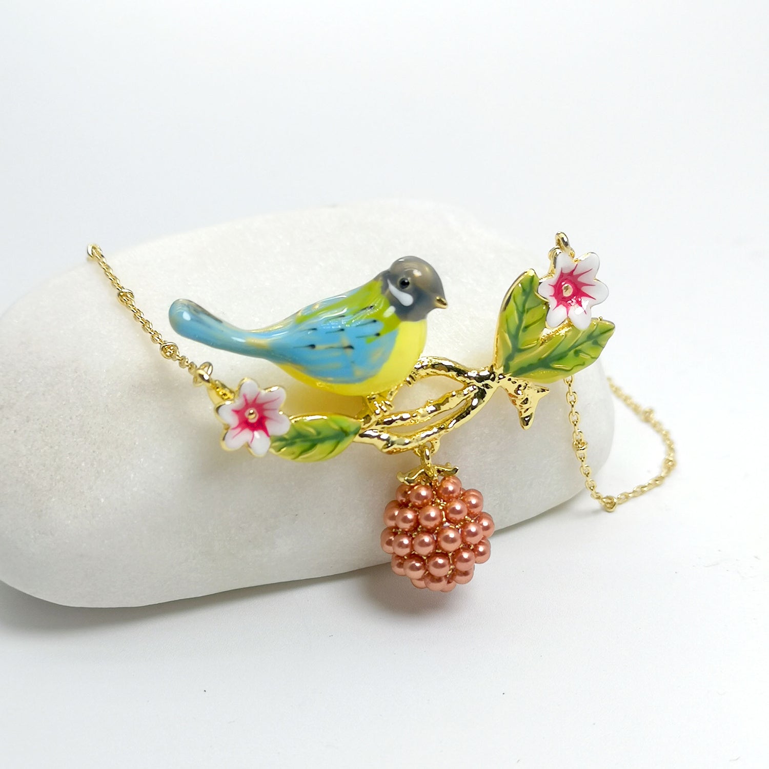 Handpainted Enamel Blue Titmouse Bird Necklace