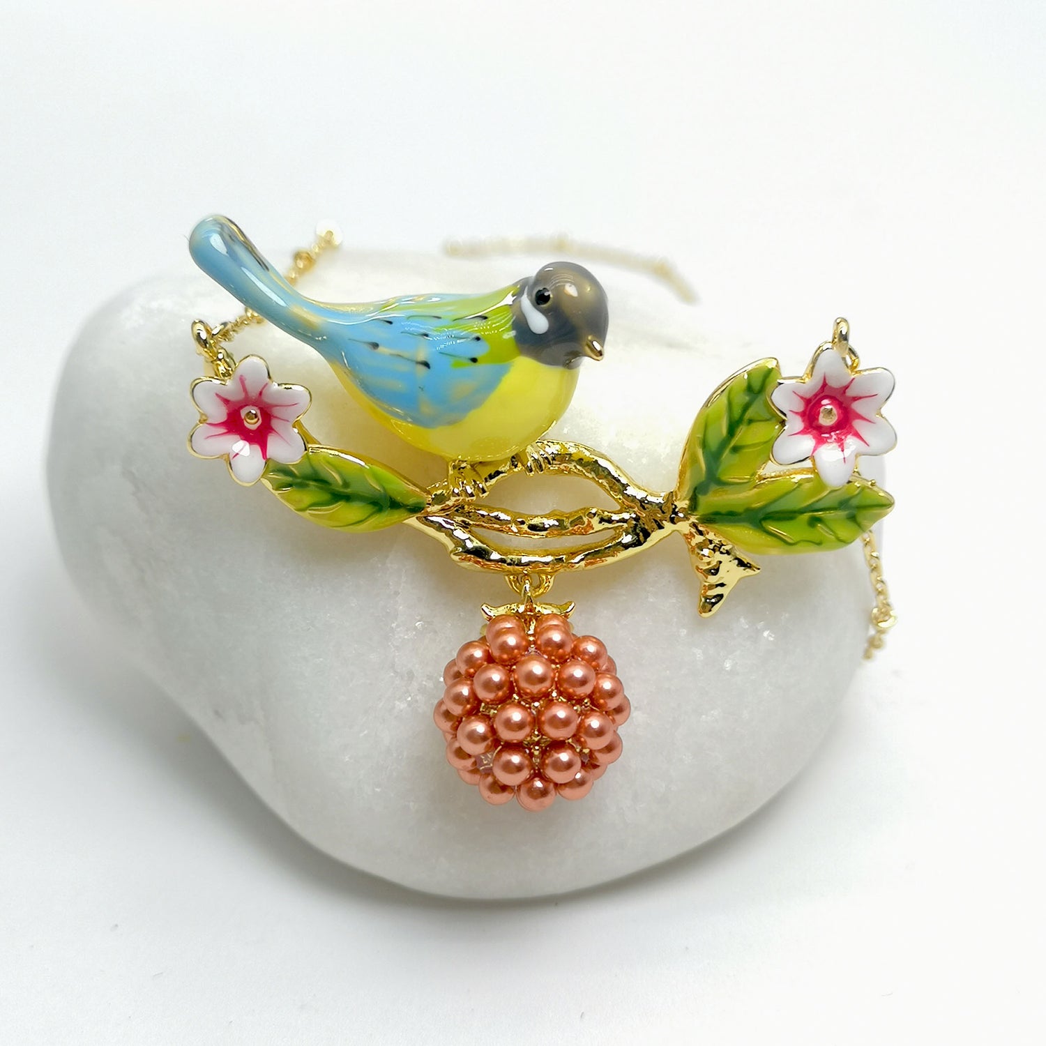 Handpainted Enamel Blue Titmouse Bird Necklace