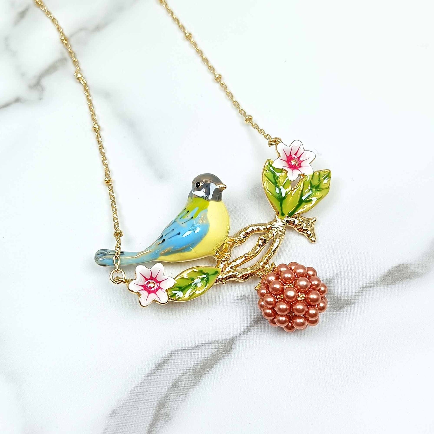 Handpainted Enamel Blue Titmouse Bird Necklace