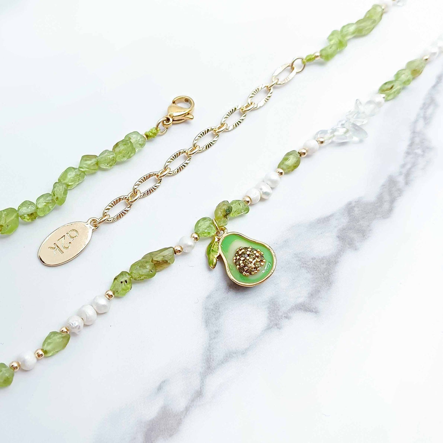Avocado Charm Beaded Necklace – Green Peridot, Freshwater Pearls & Clear Crystal
