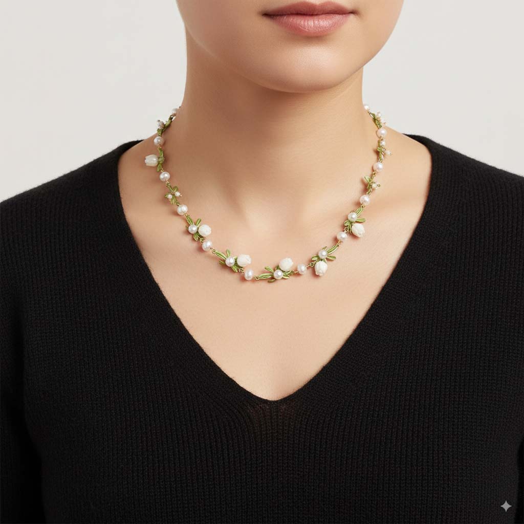 Pearl necklace worn by a person against a neutral background