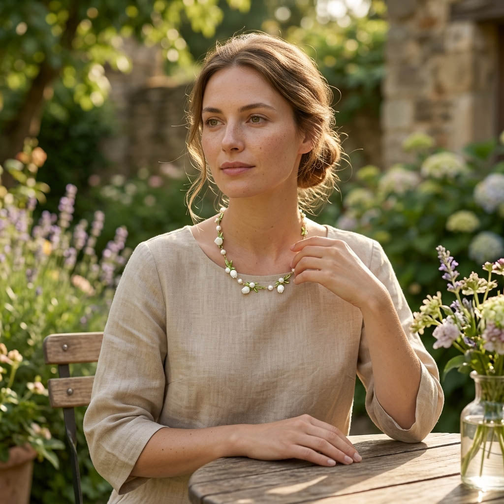 Woman sitting outdoors in a garden, wearing a beige linen shirt and a lily of the valley necklace.