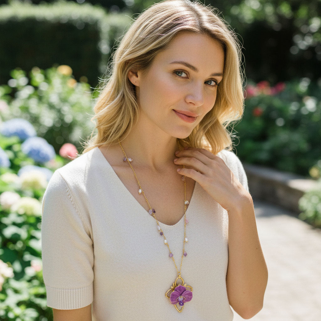 Woman wearing a necklace with a purple flower pendant in a garden setting