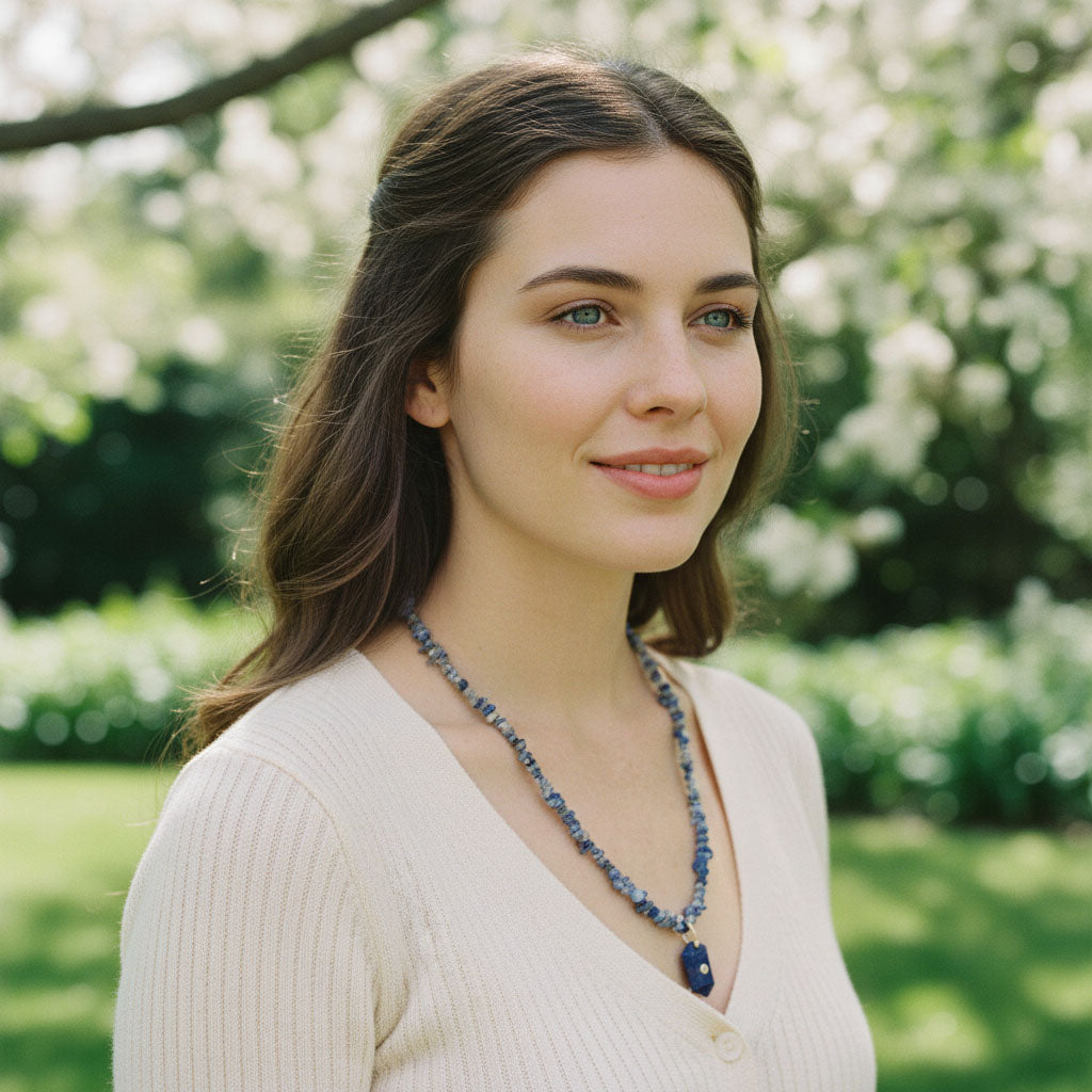 Woman wearing a blue beaded necklace outdoors with greenery in the background