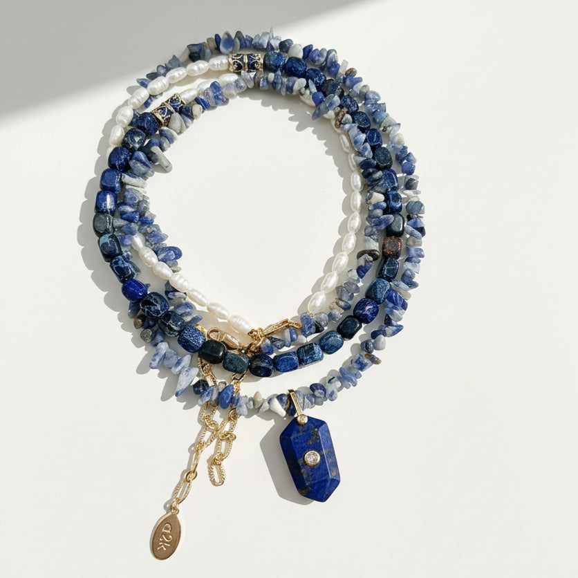 A2K London blue lapis lazuli and sodalite layered gemstone necklace with pendant