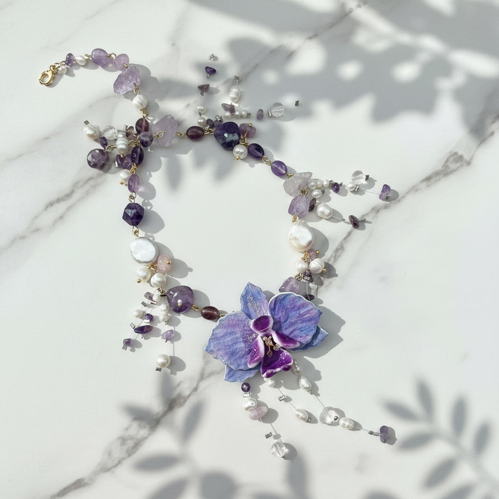 Botanical orchid gemstone necklace with gold-plated accents
