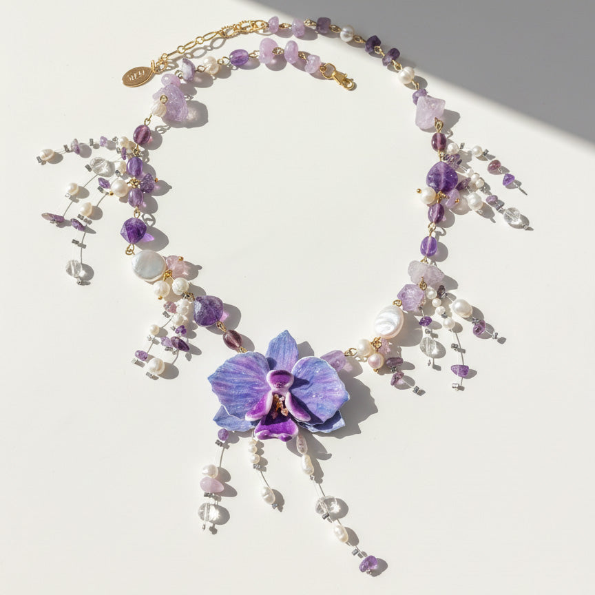 Amethyst, quartz, and freshwater pearl statement necklace