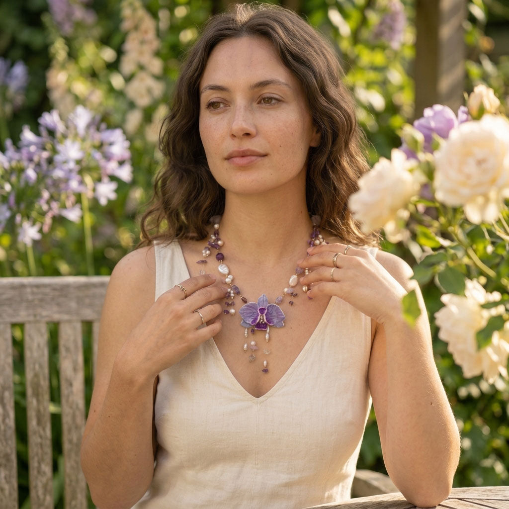 Woman wearing a necklace with a purple orchid pendant in a garden setting