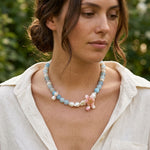 Woman wearing Lotus Amazonite Necklace with Hand-Painted Lotus Flower floral pendant outdoors