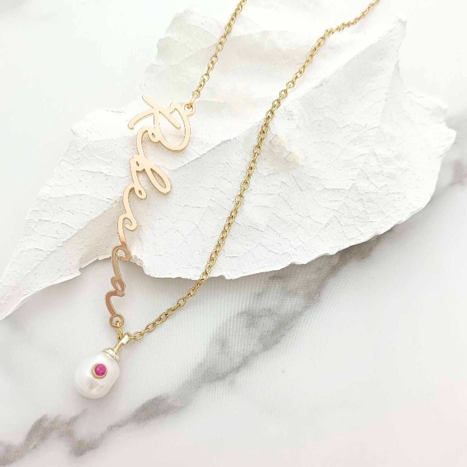 Custom Name Necklace with Pearl Birthstone Charm – Stainless Steel Gold-Plated