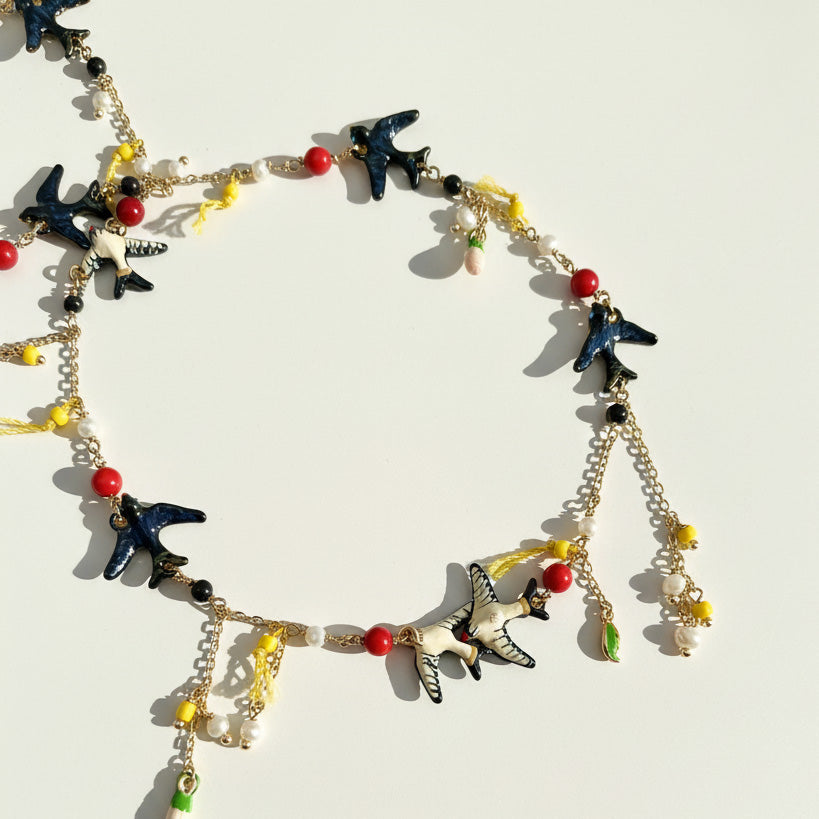 Close-up of handpainted enamel bird charms on necklace.