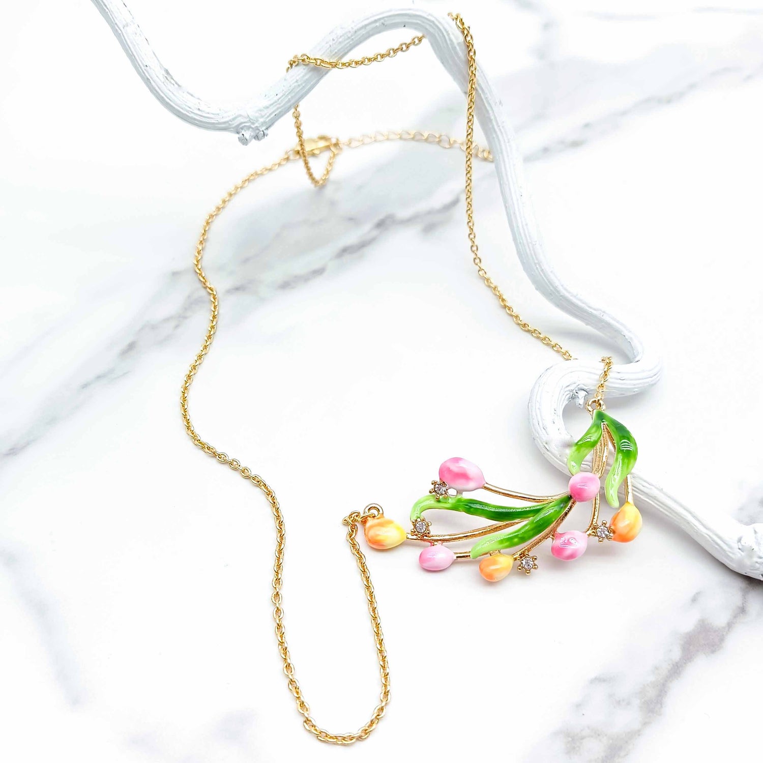 Handpainted Enamel Tulip Flower Necklace – Gold Chain with Pastel Charm