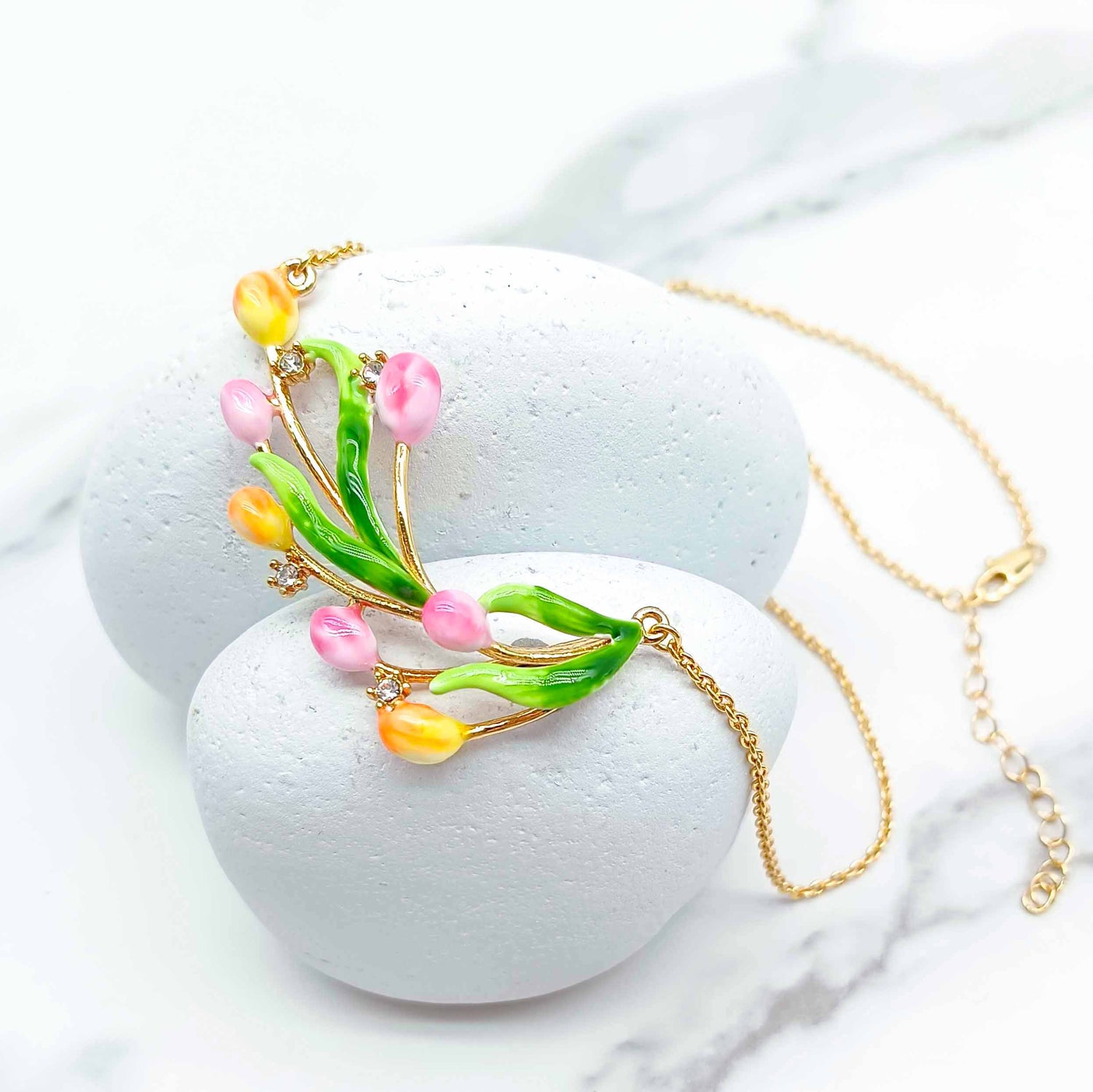 Handpainted Enamel Tulip Flower Necklace – Gold Chain with Pastel Charm