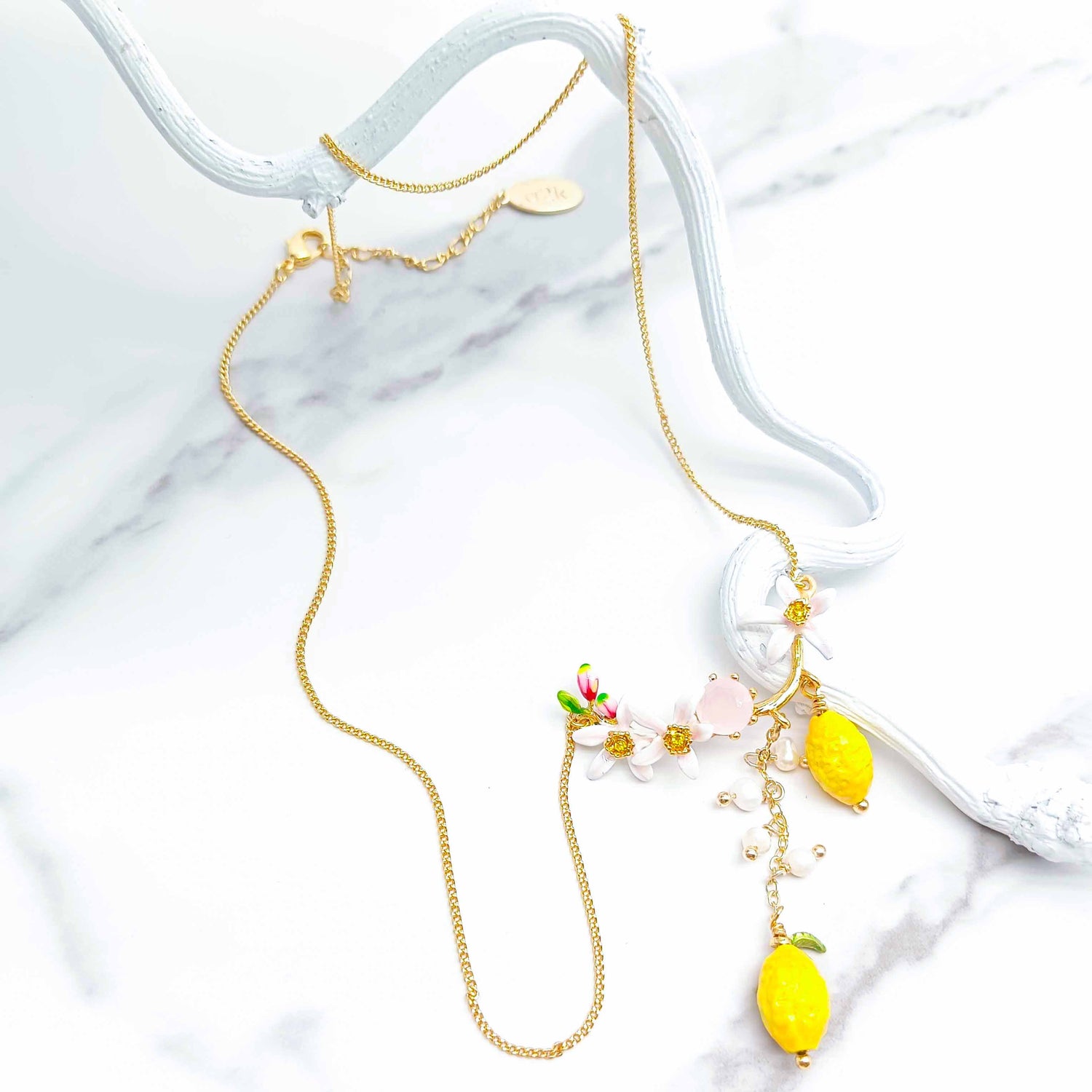 Daisy & Lemon Drop Necklace with Freshwater Pearls – Handpainted Enamel Summer Jewelry