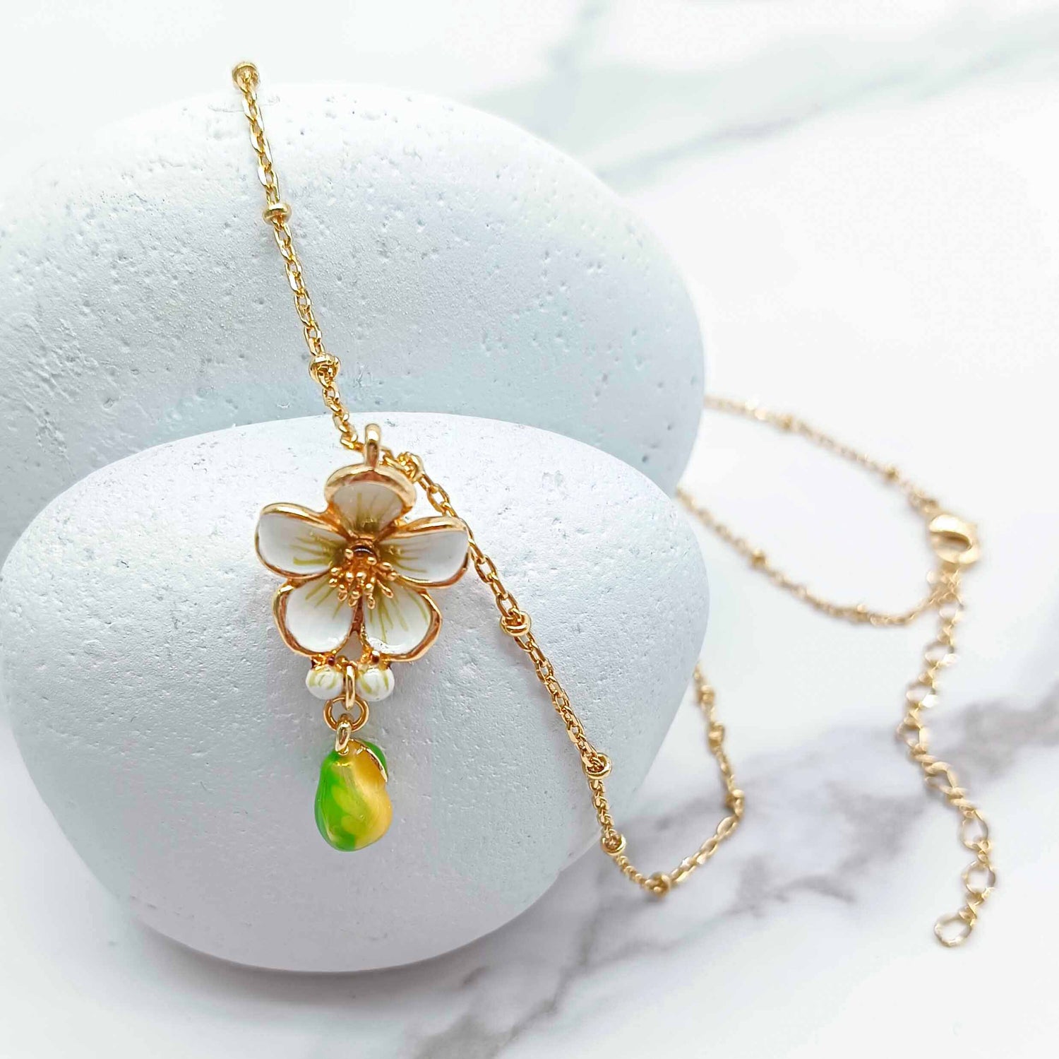 Hand-Painted Blossom Necklace with Pear Charm