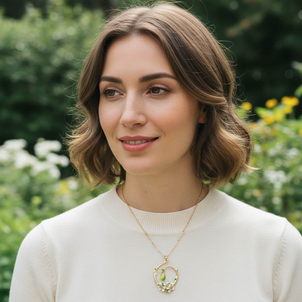 Woman wearing a necklace with a pendant outdoors