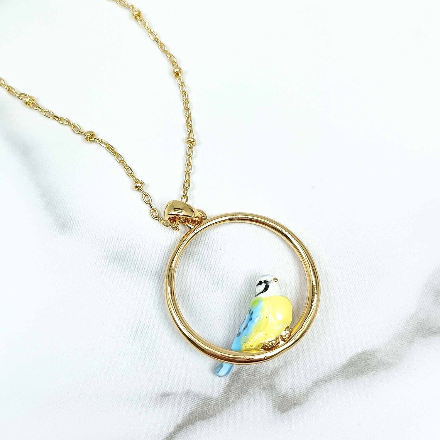 Handpainted Enamel Blue Titmouse Bird Pendant Necklace