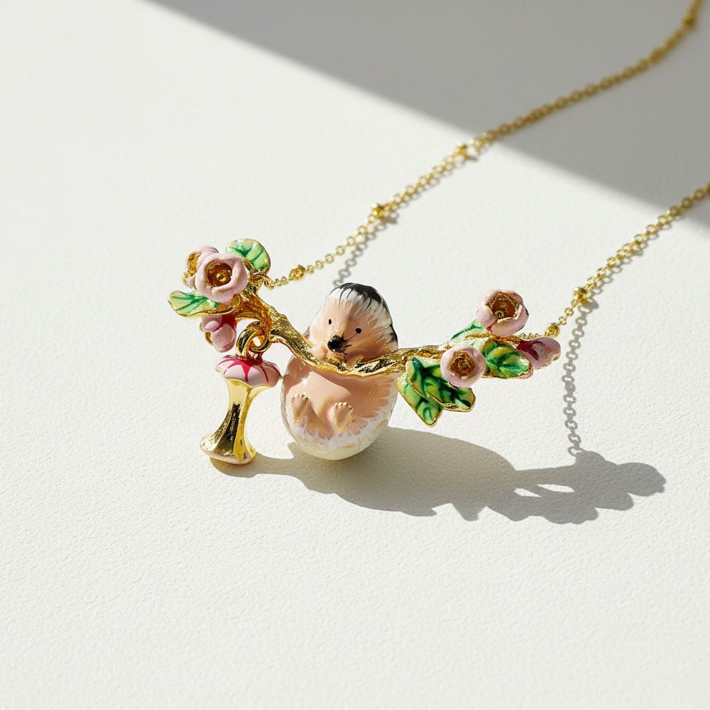 Necklace with a hedgehog and floral pendant on a light background