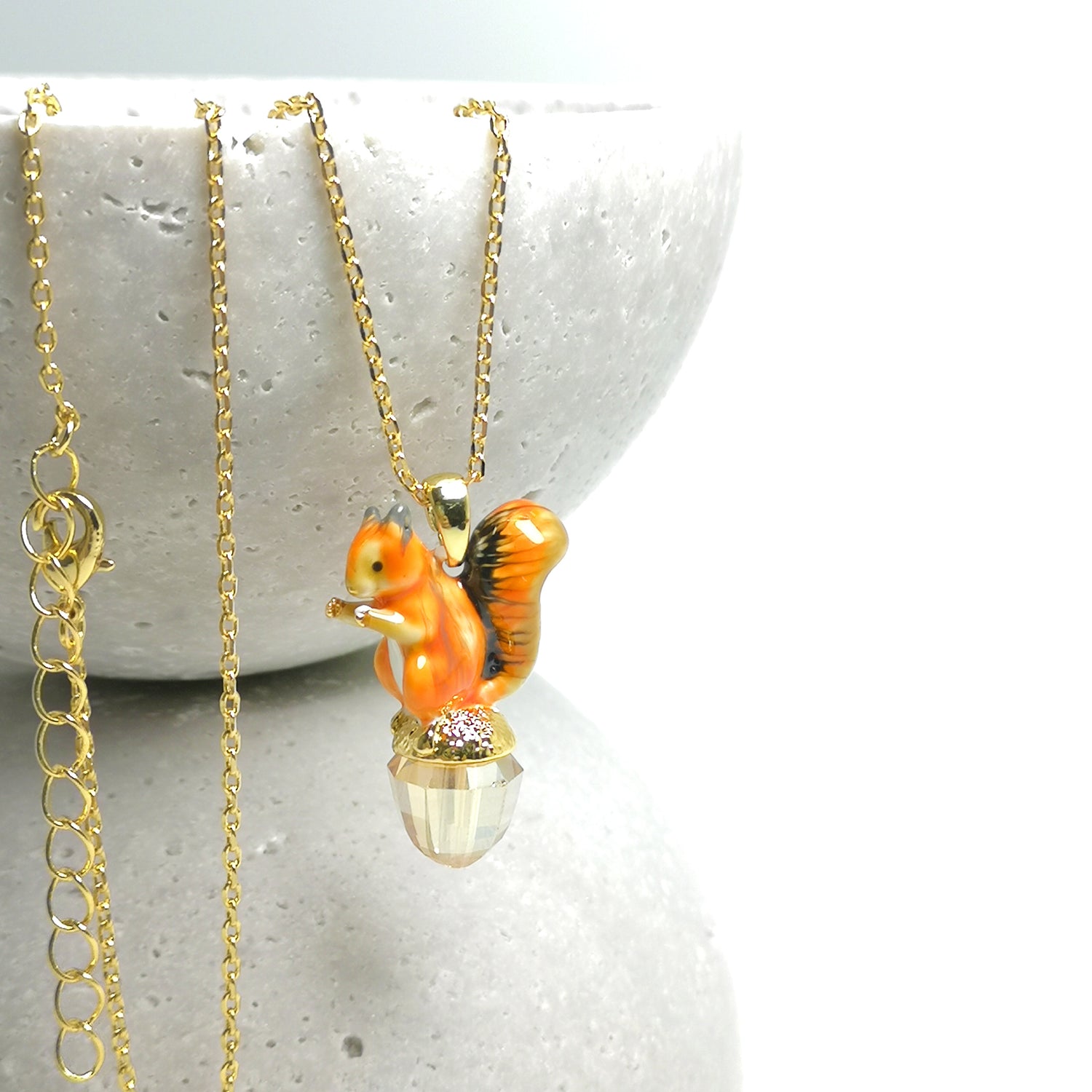 Handpainted Enamel Glass Acorn Squirrel Necklace