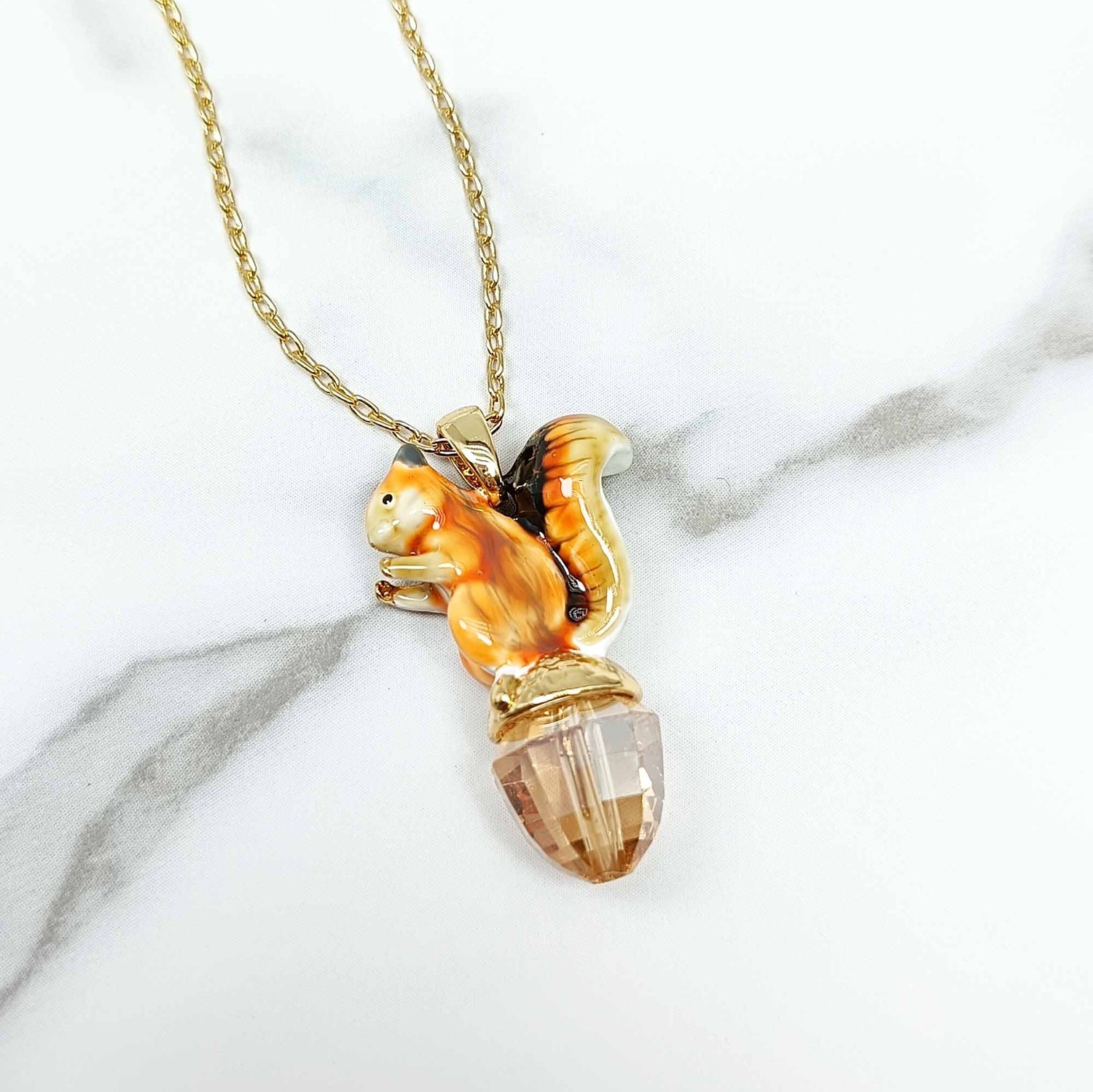 Handpainted Enamel Glass Acorn Squirrel Necklace