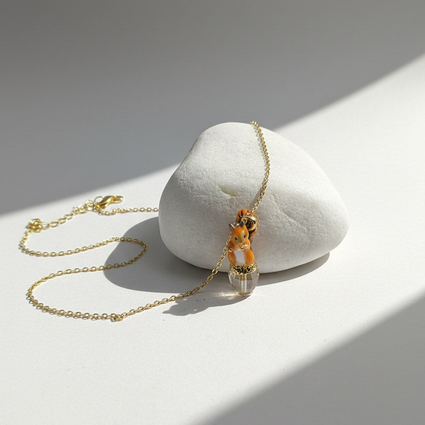 Handpainted Enamel Glass Acorn Squirrel Necklace