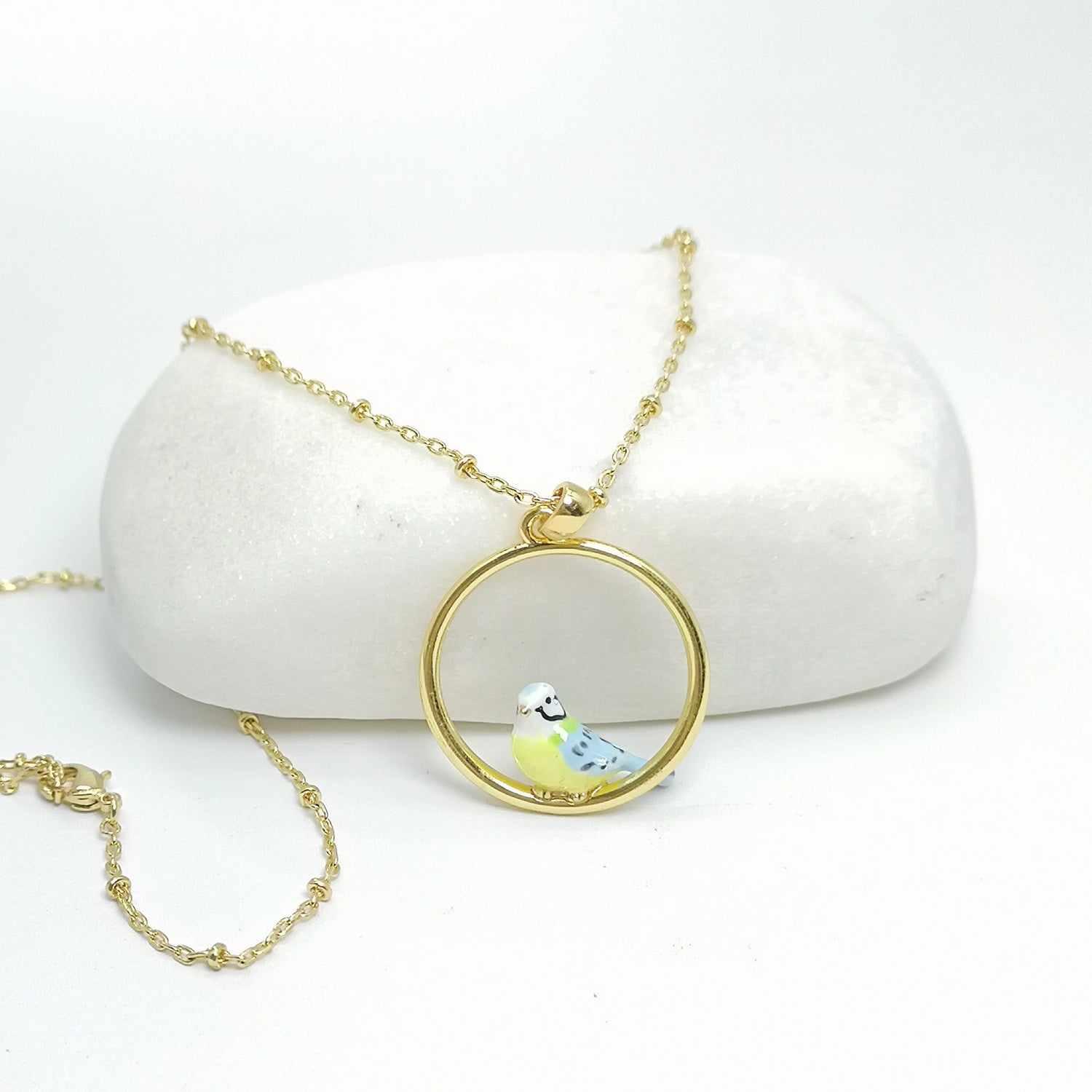 Handpainted Enamel Blue Titmouse Bird Pendant Necklace