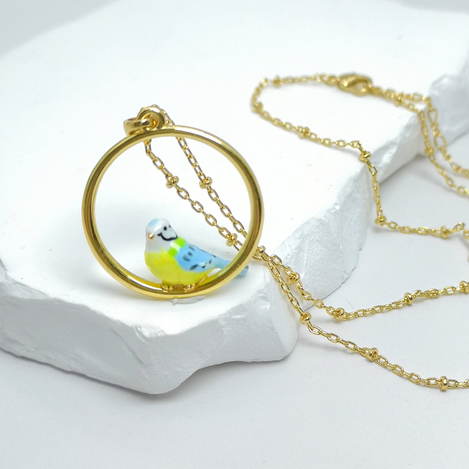 Handpainted Enamel Blue Titmouse Bird Pendant Necklace