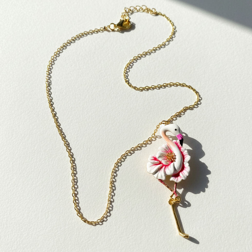 Necklace with flamingo-shaped pendant on a white background