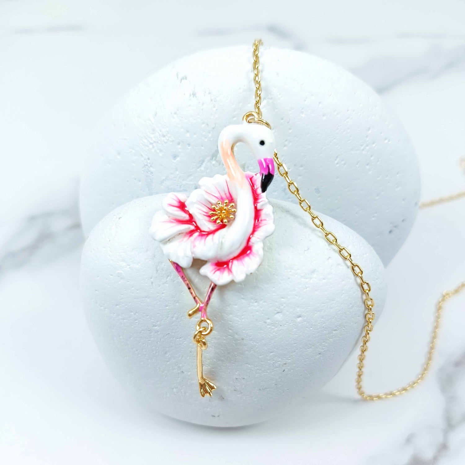 Flamingo Enamel Pendant Necklace – Handpainted Tropical Bird Jewelry